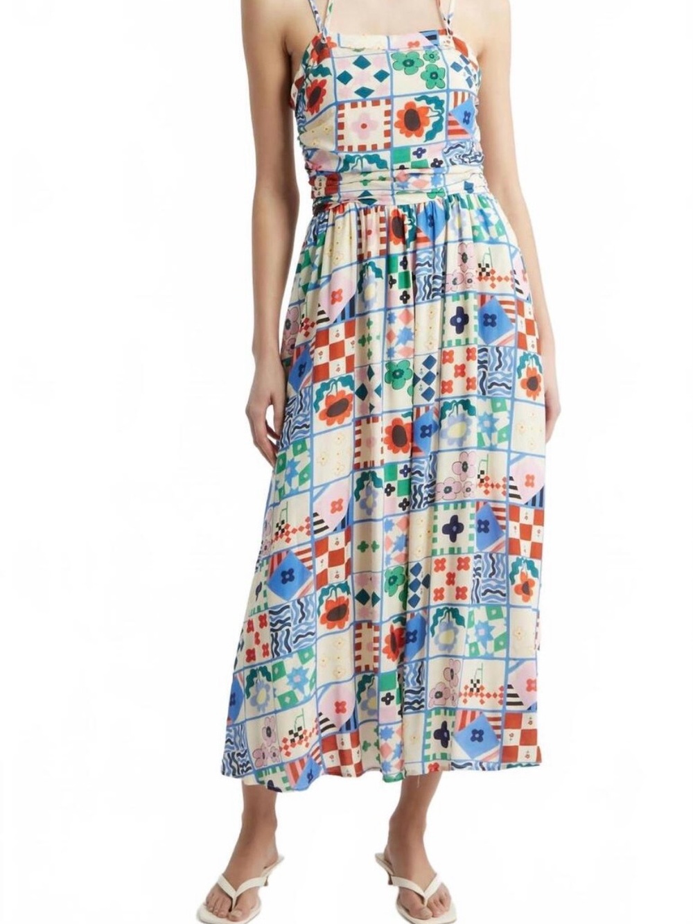 FRNCH Multicolor Tile-Print Maxi Dress in Blue, Green & Orange